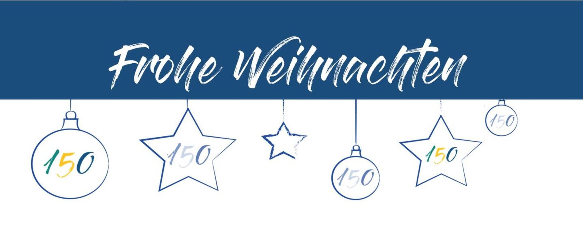 Schriftzug Frohe Weihnachten mit Sternen und Weihnachtsbaumkugeln